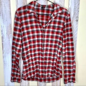 Theory Red Plaid Raw Hem Button Down Shirt